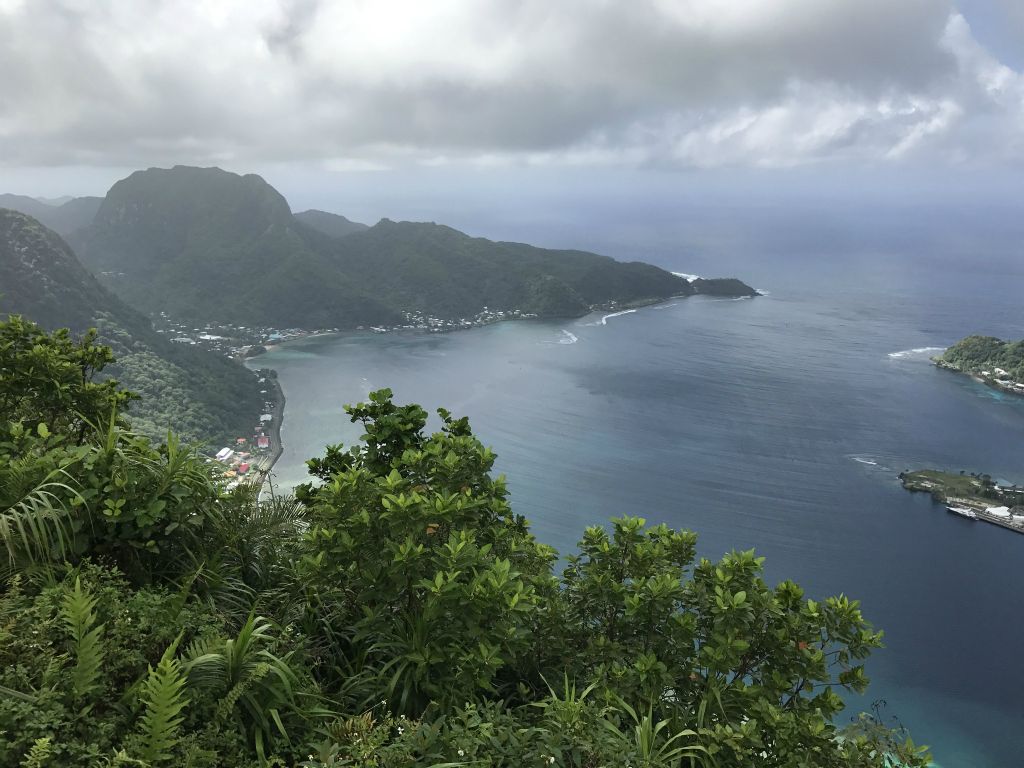 Notice how the water of Pago Pago Harbor curves out toward the ocean.  Breakers Point is at the tip of the peninsula stretching out into the harbor: