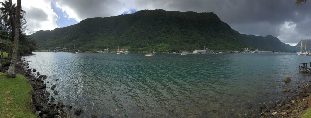 This panoramic shows Mount Alava and the ridge leading to it high above Pago Pago Harbor: