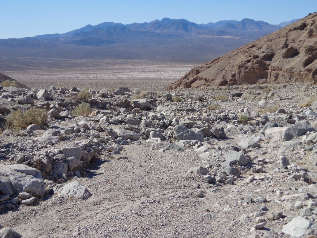 Looking back down the wash toward the edges of the hillsides: