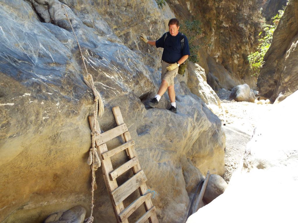 Sarakina Gorge wasn't going to let us escape the canyon that easily.  It presented one more major obstacle.  This is the pool obstacle as seen at a dry time of year.  To bypass it, we had to climb to the right on some rock steps and then use the rope and ladder to get down: