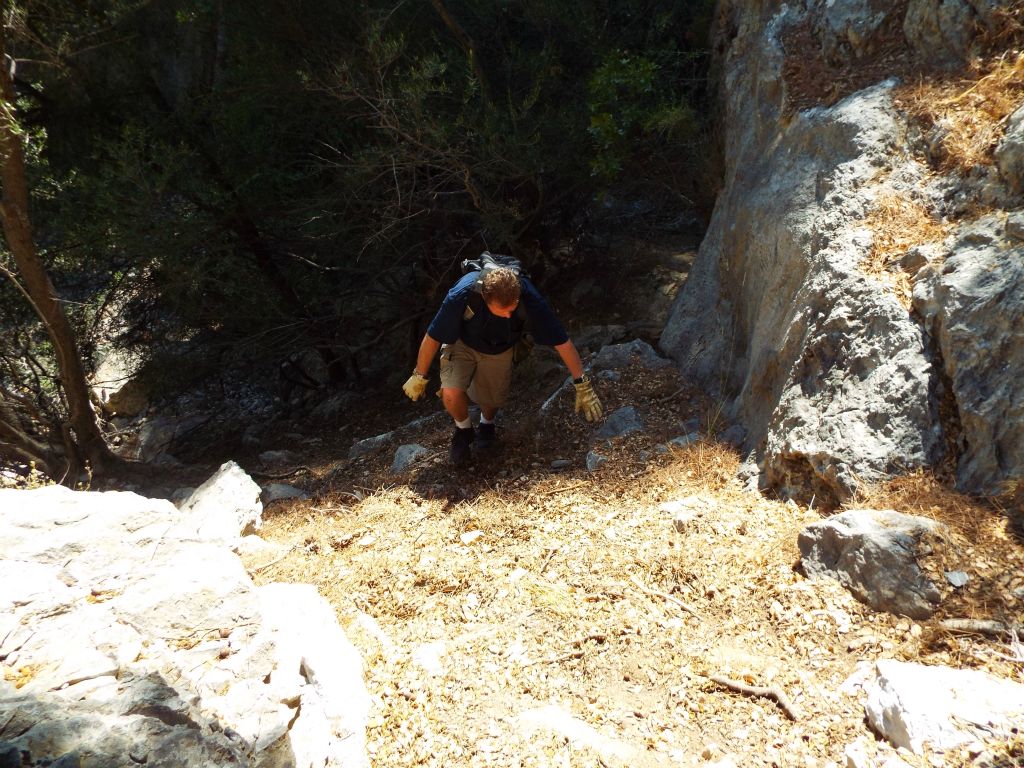 Being used to doing major bypasses to continue up canyons in California and Utah, we attempted a very steep hillside bypass on the right side of the slot: