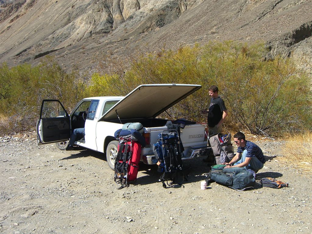 This is from my 2nd Panamint City backpacking trip, taken with Ryan, Loren, and Brandon in October of 2007.  We are at the parking area preparing our packs for the long journey ahead: