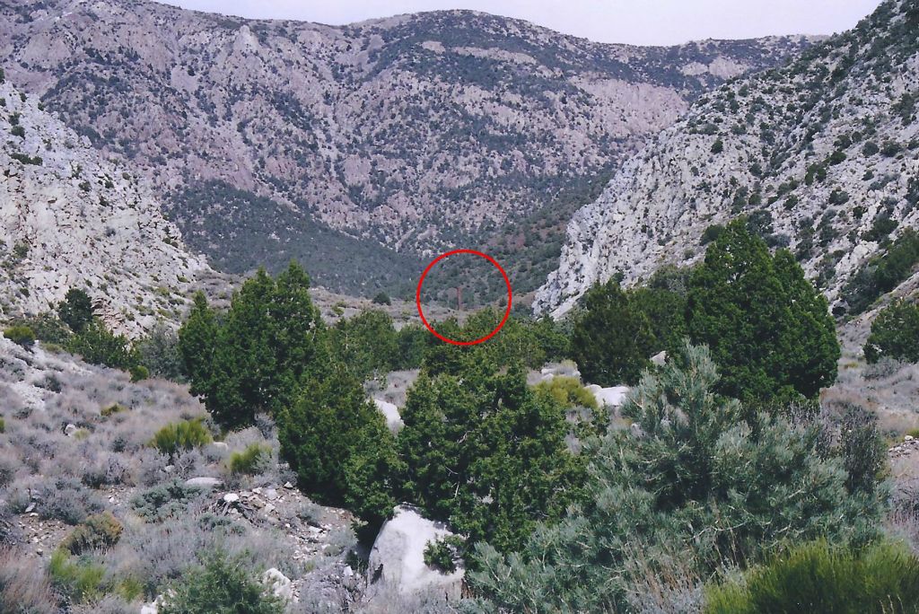 It's kind of hard to see in this photo, but inside the red circle is the Panamint City smelter stack.  From over one mile away, you get your first view of the city when you see this, far in the distance.  It looks close, but this stretch of the hike is called The Long Mile for a reason: