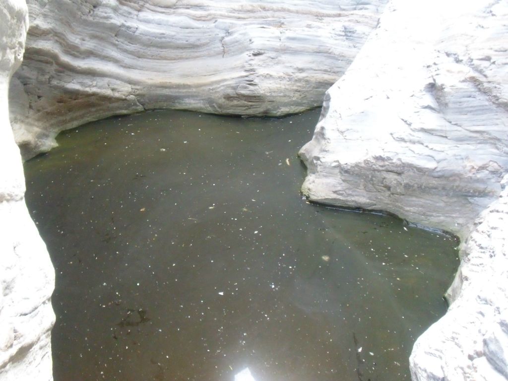 View from the base of the Plunge Pool of the dark water.  Shawn carefully scrambled around the pool and climbed the dry fall without falling in and getting soaked: