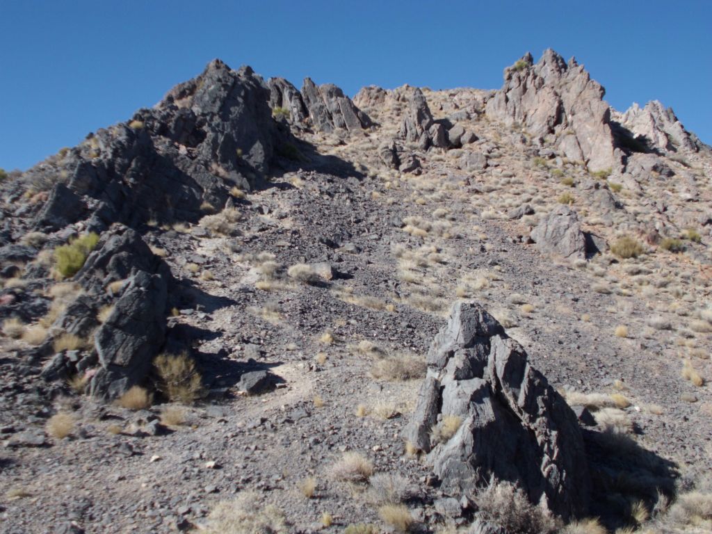 Final path to the summit winding through a field of boulder spires: