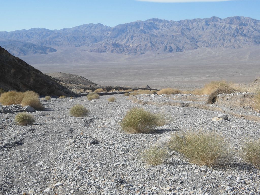 Looking back down towards Scotty's Castle Road and the Cottonwood Mountains.  An alternative route to reach Palmer Canyon which is longer but might be easier, starts from Scotty's Castle Road and follows the Palmer Canyon wash straight up to the canyon: