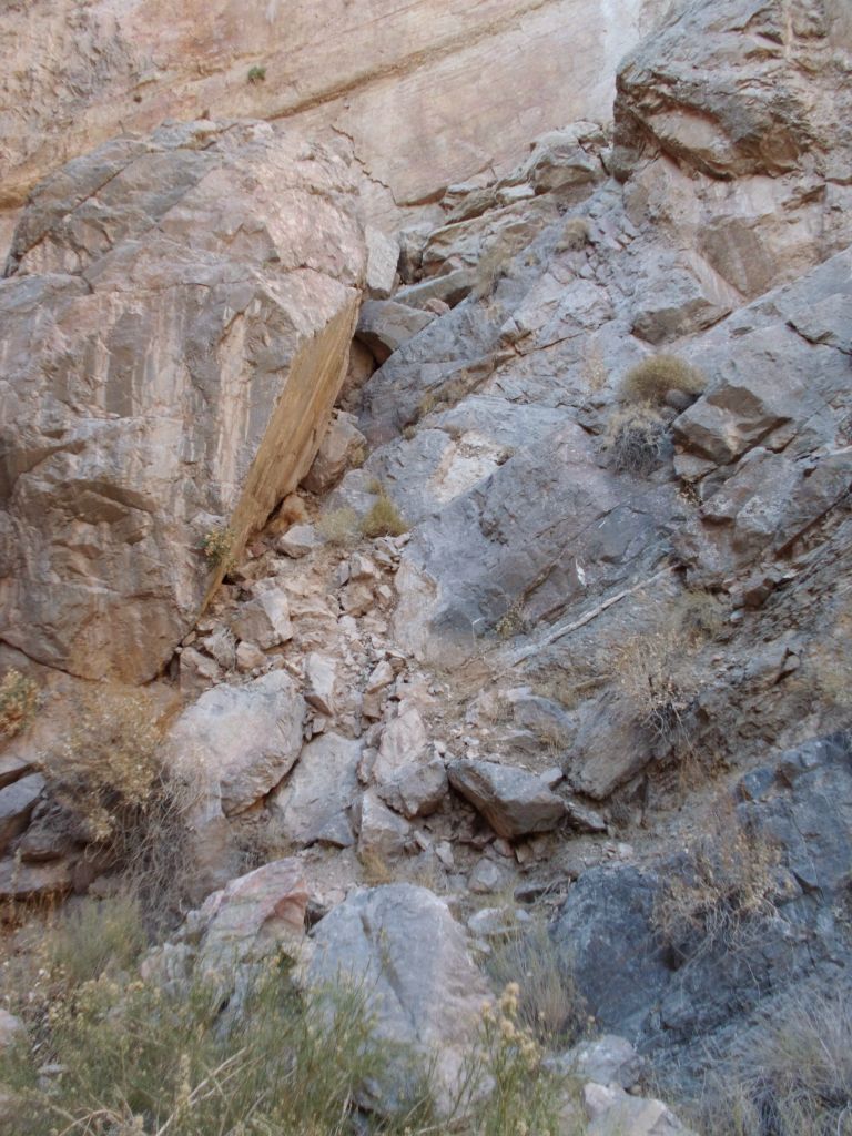 And this is the right option, which is for hikers not afraid of somewhat exposed bypasses with loose rock.  It might be best to turn around at this spot if you don't have a climber that can go up the middle or right options and then drop a safety line to you: