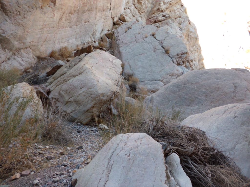 This is looking up the small gully leading to the top of the right option.  Height above the canyon is the biggest concern for that option: