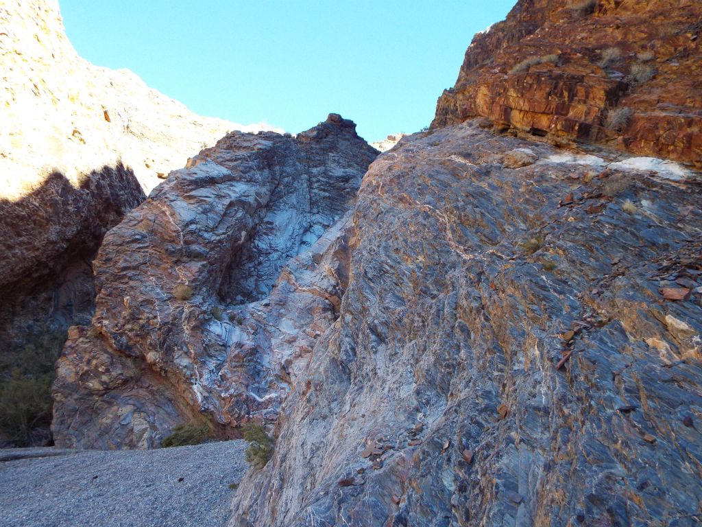 Thus, we hiked back down and out of the 2nd and 1st Narrows.  Near the bottom of the 1st Narrows, I cut over to a bypass ledge instead of attempting to climb down the difficult dry fall.  This picture shows the bypass ledge that I came down.  Other hikers will need to test it to see if it is a safe way to go up without exposure, as I only used a small part of it to get down.  A short time later, we were driving out of Saline Valley: