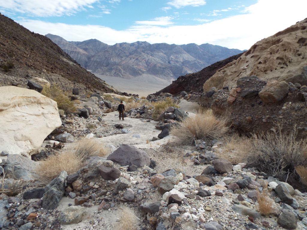 Tobin heading up the canyon with the Last Chance Range in the far background: