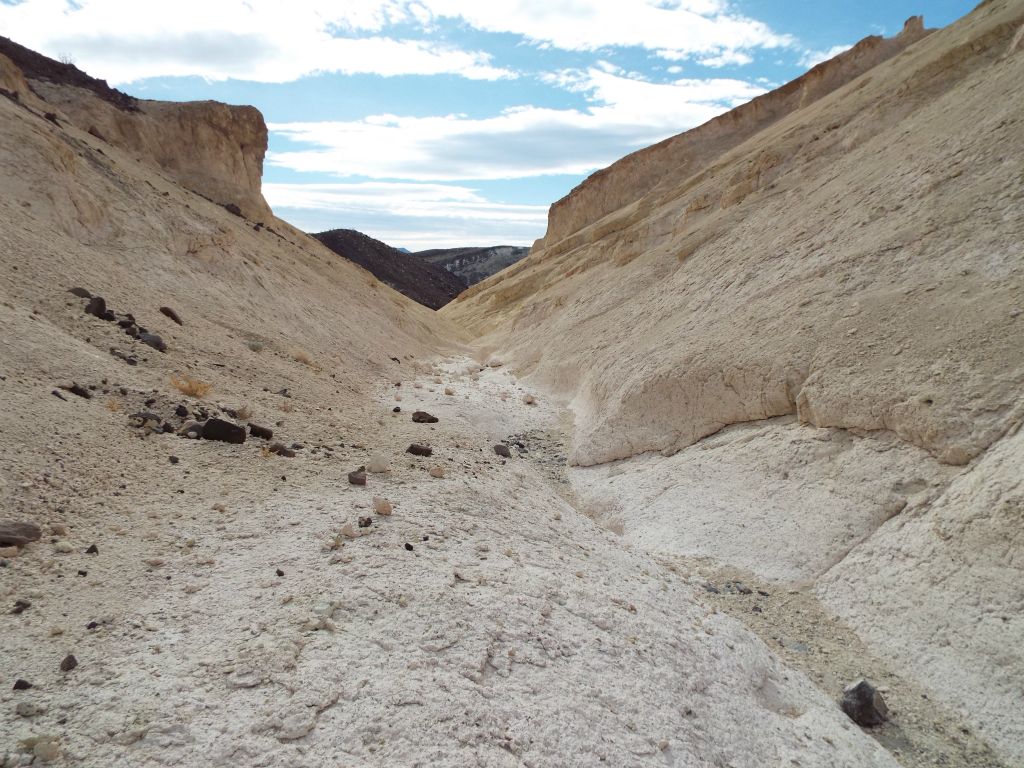 Looking back down a long straight portion of Chalk Canyon where the walking path is more of a hillside bottom: