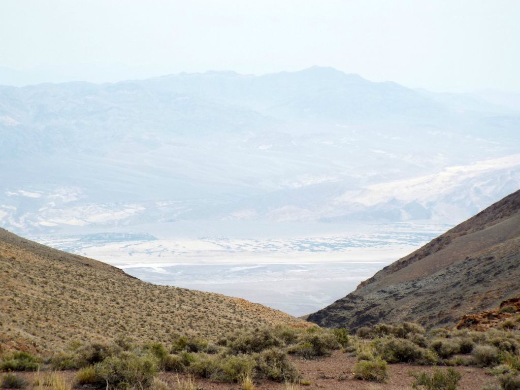 Zooming in through our "window" at Furnace Creek, central Death Valley, and Pyramid Peak: