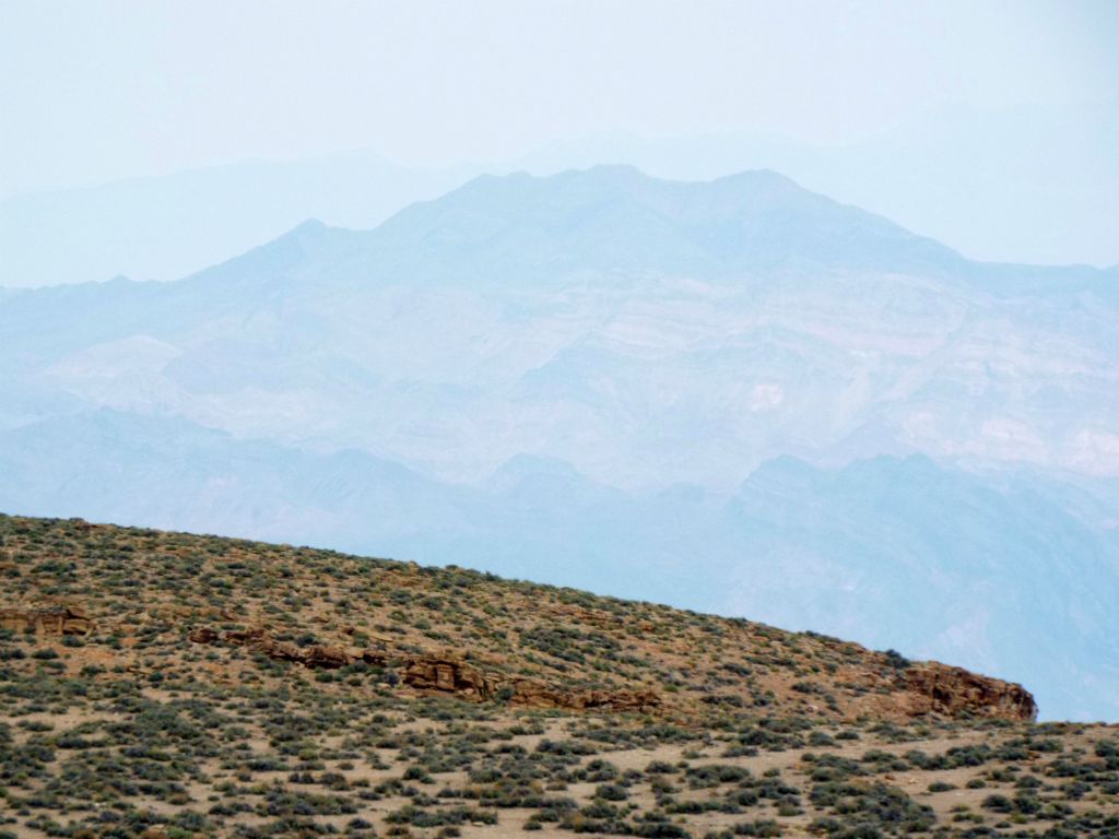 A close-up look at Schwaub Peak as seen from Tucki Mountain through the haze: