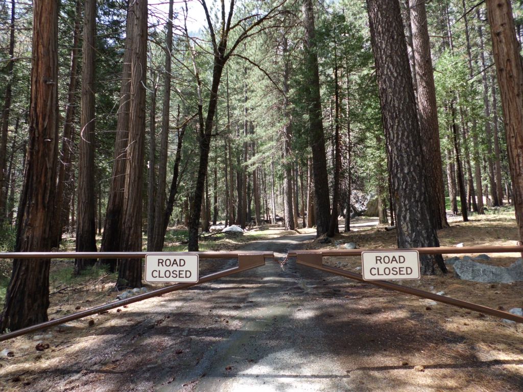 The V7 marker marks the spot where the Old Big Oak Flat Road ends in Yosemite Valley.  There is a locked gate here, so hiking up is necessary: