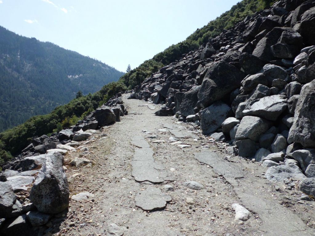 Reaching the first area of the rockslides.  These boulders from above wiped out the Old Big Oak Flat Road a long time ago and ever since then this has been known as the Rockslides Trail: