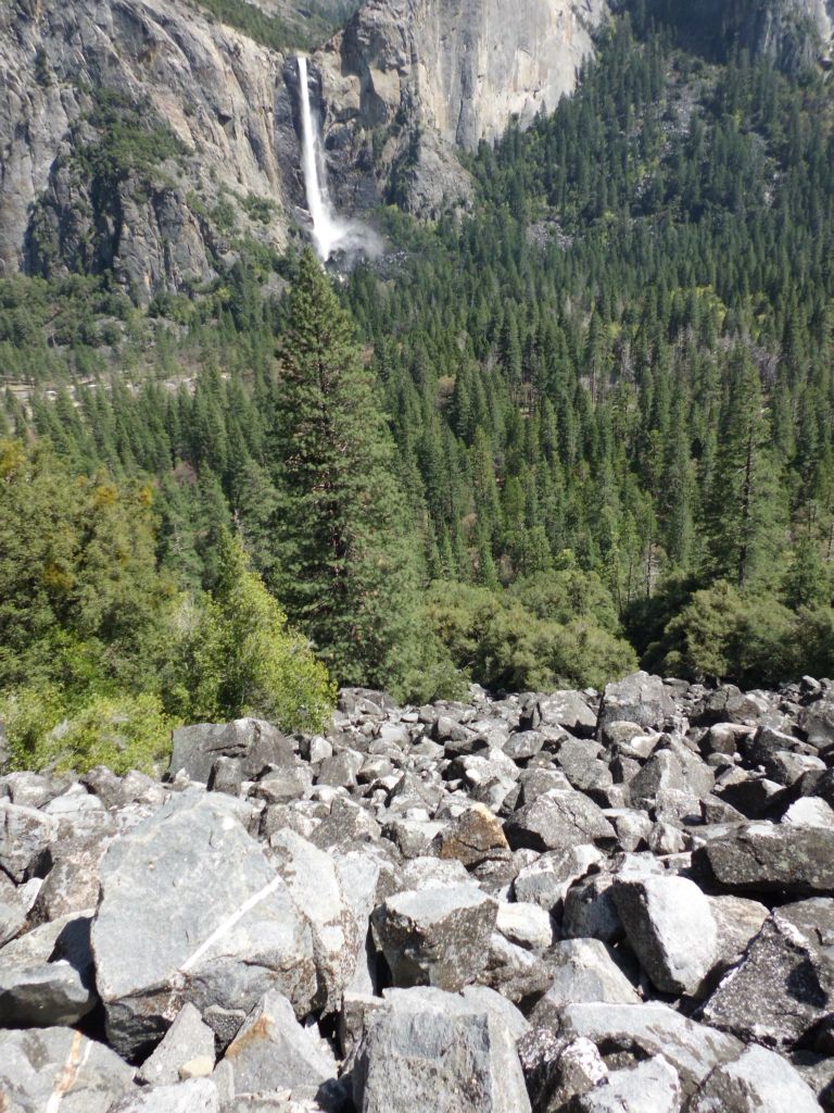 Looking straight down one of the boulder rockslides toward Bridalveil Fall: