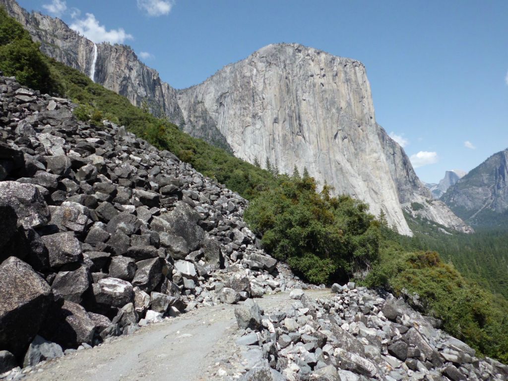 This view shows Ribbon Fall, El Capitan, the Rockslides Trail, and Half Dome: