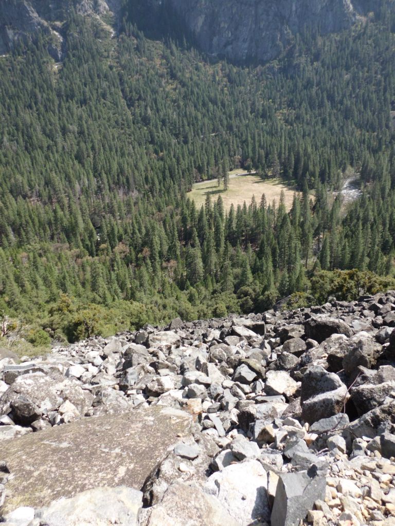 Looking straight down the rockslide at a small meadow below: