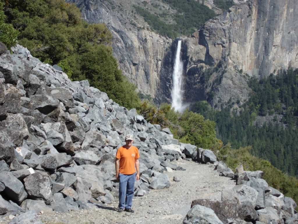 Steve on the trail with Bridalveil directly behind him: