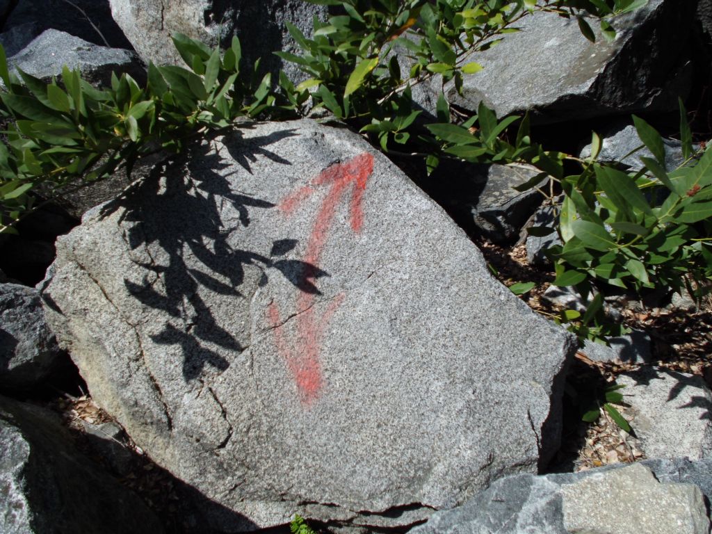 This rock with the double red arrow marks the spot where lower switchback turns sharply to the right onto middle switchback: