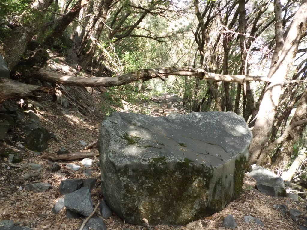 A giant boulder resting in the center of middle switchback: