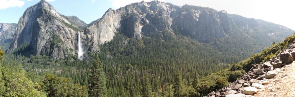 Panoramic from the Rockslides Trail showing Bridalveil Fall, Yosemite Valley, and the old road: