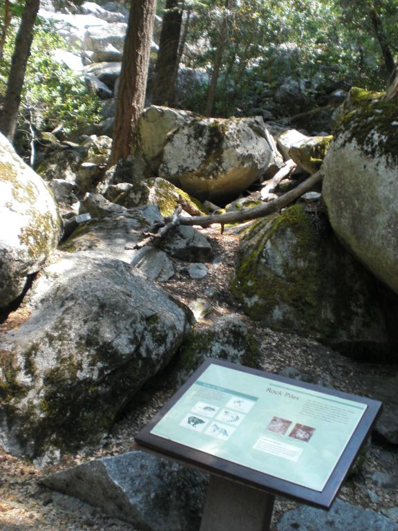 Looking past the Rock Piles sign to the hillside terrain immediately behind it: