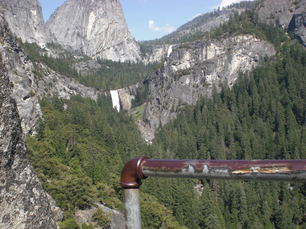 Looking to the left, there is a spectacular view of Vernal and Nevada Falls together: