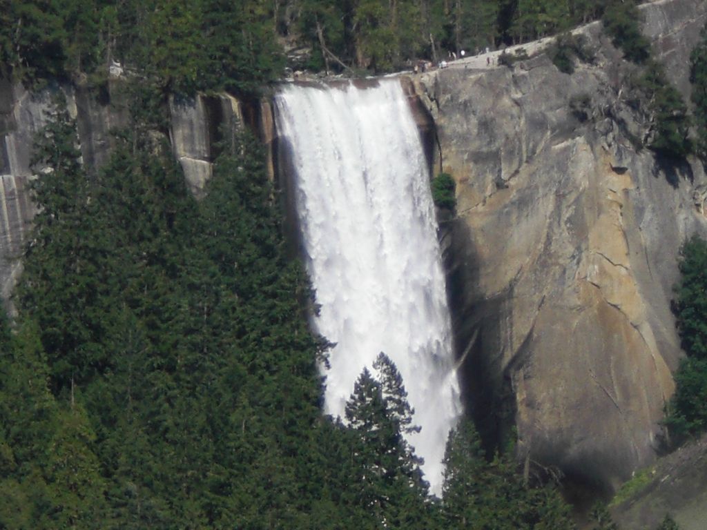 People were visible looking over the railings at the top of Vernal Fall: