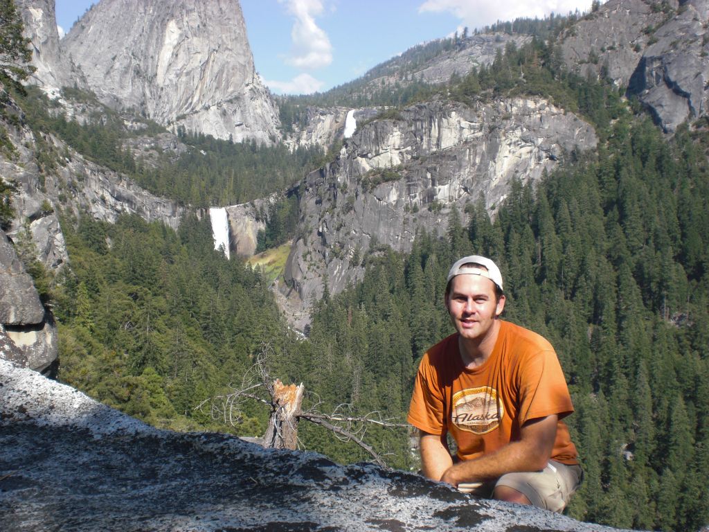 A picture of Steve with Vernal Fall and Nevada Fall in the background taken at Sierra Point: