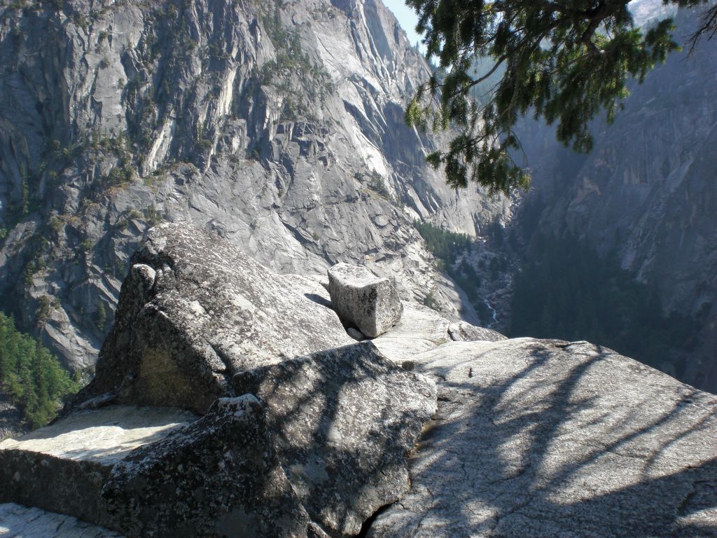 A shady spot to rest up at Sierra Point.  All hikers should exercise extreme caution if coming up here and not lean on the old railings for support: