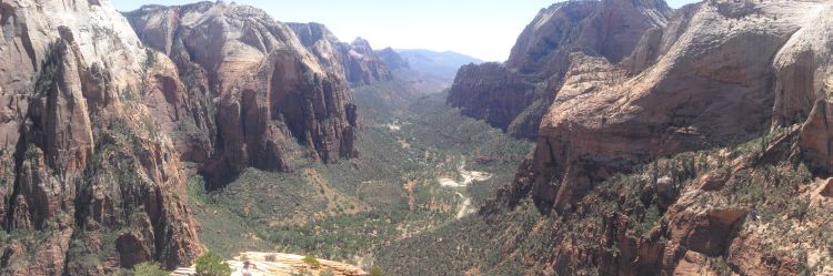 Panoramic of Zion Canyon looking towards entrance